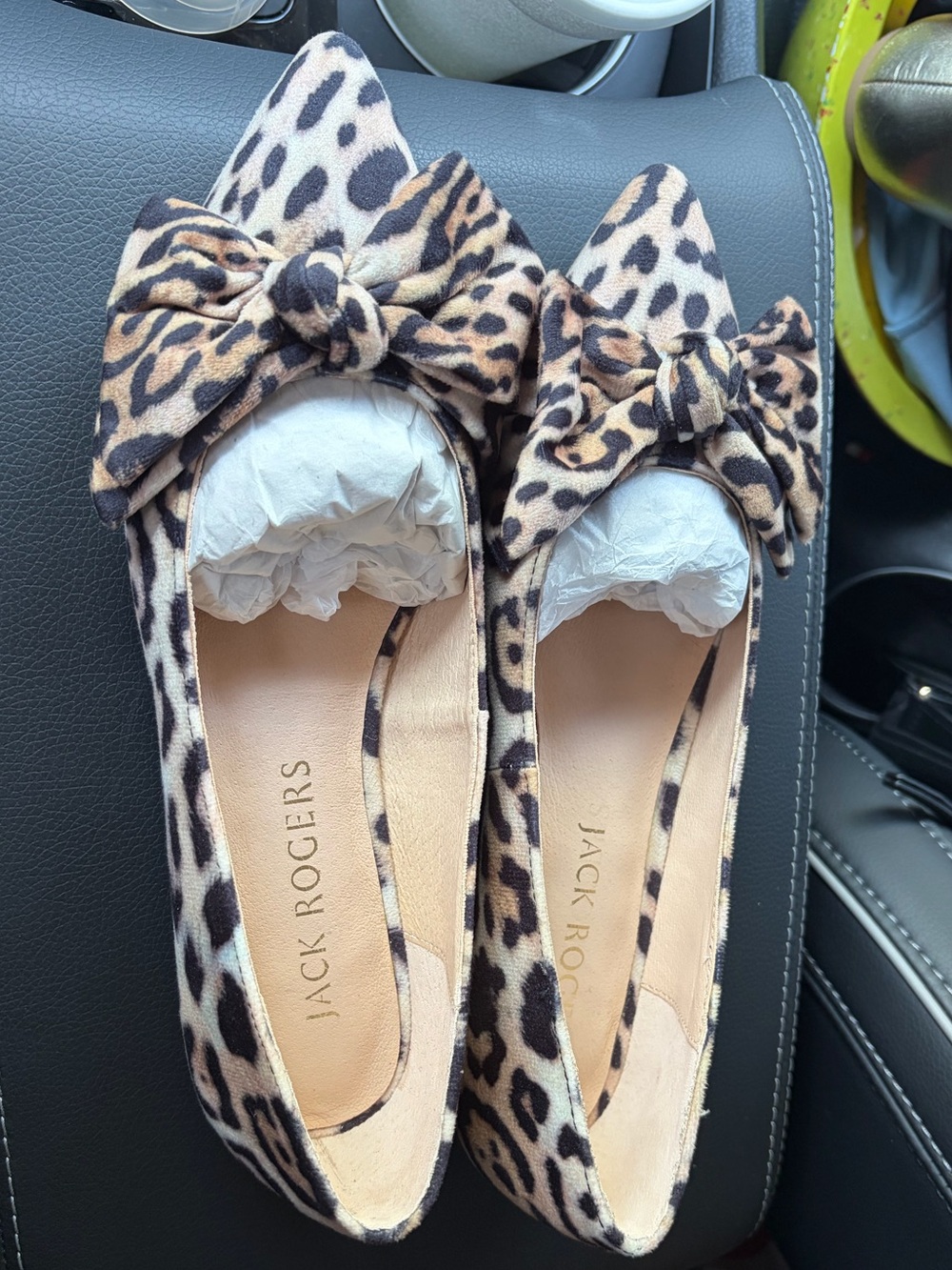 Jack Rogers Leopard Bow Pointed Toe Flats - Tan and Black